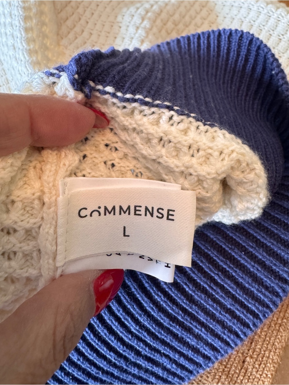 Commense Cream Knit Polo Sweater with Navy Trim - Picture 4 of 5